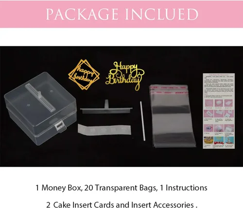 Miniatura 5 de Kit de extracción de dinero, caja de dinero de cumpleaños con 1 adorno para pastel de cumpleaños y 20 bolsas transparentes conectadas, decoración