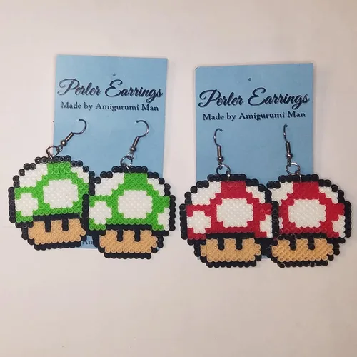 Miniatura 2 de Pendientes de hongos Perler – Orejas de acero inoxidable – 1UP / Power Up Setas