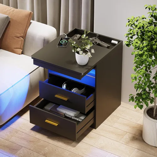 Miniatura 5 de Mesita de noche con cajón para armas, mesa de noche con carga y puerto USB y tipo C, mesita de noche LED con luz sensora humana, mesa auxiliar