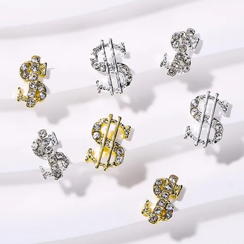 Miniatura 3 de 20 dijes de aleación de dinero para uñas, 3D, plata y oro, con diamantes de imitación de signo de dólar, arte de uñas, brillantes, diseño de uñas