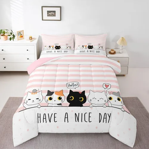 Miniatura 71 de Erosebridal Juego de ropa de cama para niños, tamaño individual, diseño de gatos de dibujos animados, para niñas, niños y adolescentes, edredón