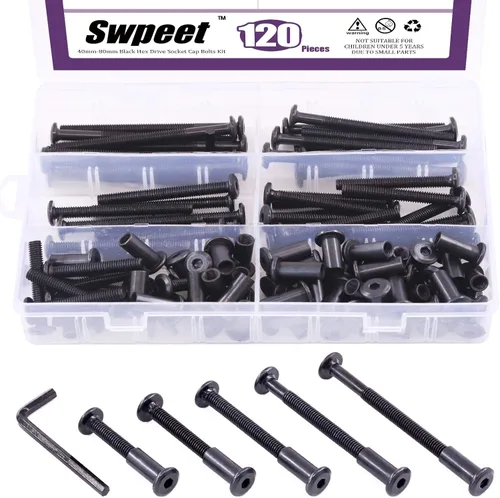Miniatura 17 de Swpeet 141 piezas de 14 tamaños diferentes M6x16mm-3.150 in acero al carbono negro Hex Drive Socket Cap Tornillos Kit de tuercas de barril con 1