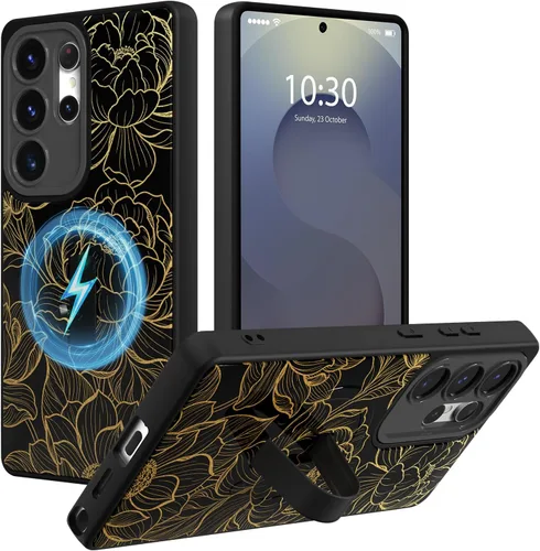 Miniatura 24 de Funda magnética compatible con Samsung Galaxy S25 Ultra para mujeres y hombres, estética flor de durazno, correa de muñeca ajustable incorporada