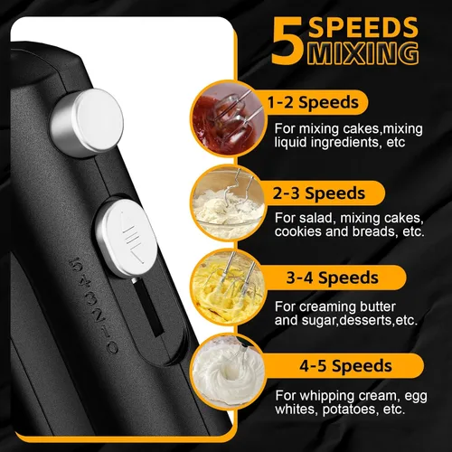 Miniatura 4 de Lord Eagle Batidora de mano eléctrica de 5 velocidades, batidora de mano compacta de 300 W, batidor de huevos de cocina portátil con 5 accesorios