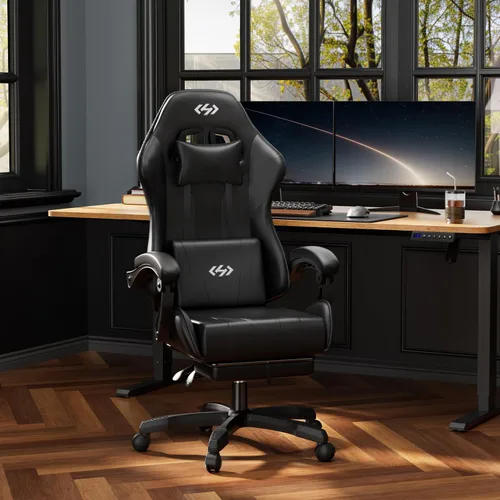 Miniatura 2 de HLDIRECT Silla de juegos, silla ergonómica de oficina para computadora con soporte lumbar, reposapiés, reposacabezas, piel sintética, giro de 360°