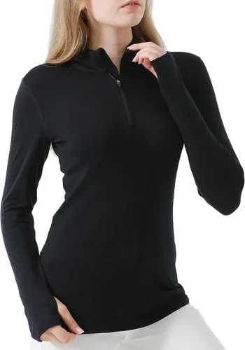 Miniatura 3 de Merino Protect Suéter 100% lana merino con cremallera de 14 para mujer, manga larga, capa base, 8.82 oz, ajuste entallado