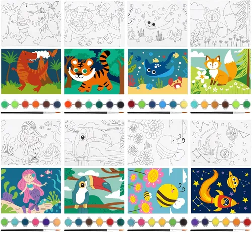 Miniatura 3 de 8 paquetes de lienzo preimpreso para pintar lienzo para niños, 48 pinturas, 8 pinceles, 2 caballetes, 8 lienzos impresos de 6x8 para niñas, niños