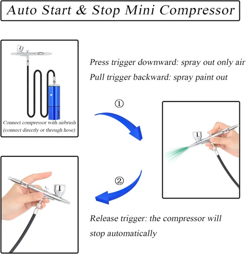 Miniatura 4 de Kit de aerógrafo inalámbrico de parada automática con kit de compresor, pistola de cepillo de aire recargable de doble acción, conecta con Azul