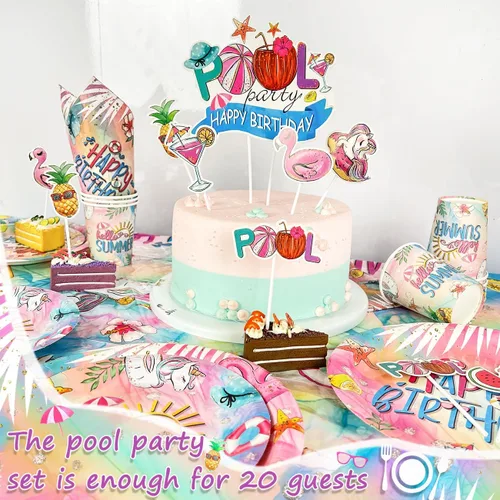 Miniatura 5 de Decoraciones de fiesta de cumpleaños de piscina de verano, platos de cumpleaños temáticos de verano, servilleta, pancarta, tazas, globos