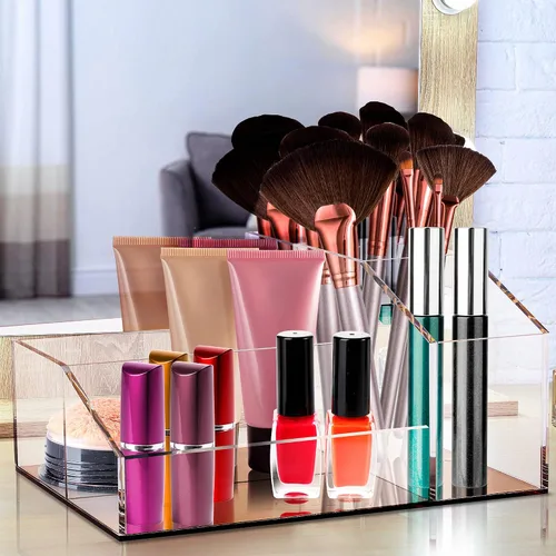 Miniatura 2 de Organizador de brochas de maquillaje de acrílico transparente con base metálica de oro rosa, 4 compartimentos organizadores de oficina