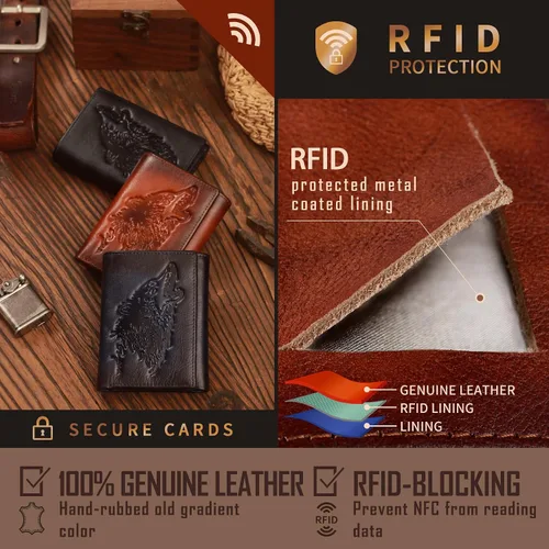 Miniatura 5 de skneephate Cartera personalizada de lobo para hombres, billeteras triples para hombres, con bloqueo Rfid, carteras de cuero, regalos para él