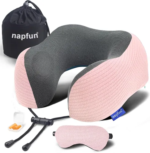 Miniatura 16 de napfun Almohada cervical para viajar, almohada cervical de viaje mejorada para avión, almohada de viaje de espuma viscoelástica 100% pura para Kit