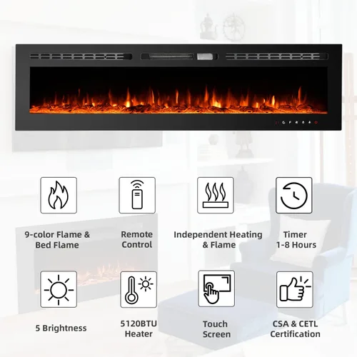 Miniatura 4 de EROMMY Chimenea eléctrica de 60 pulgadas, chimenea empotrada y montada en la pared con temporizador, de pie, control remoto, pantalla táctil