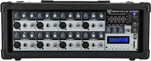 Rockville RPM85 Mezclador de 8 canales con alimentación de 2400 W, Bluetooth, USB/SD, ecualizador de 5 bandas, eco/retardo ajustable, +15 V Phantom