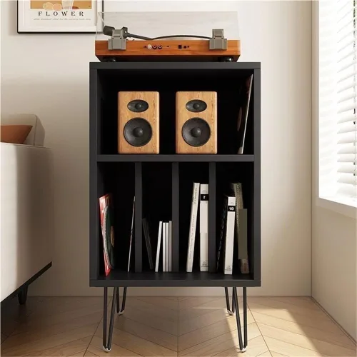 Soporte para tocadiscos de madera, mesa de tocadiscos de gran capacidad, gabinete de almacenamiento abierto para medios, adecuado para sala de