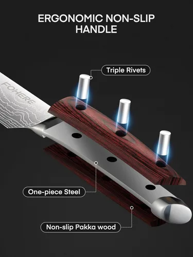 Miniatura 5 de FOHERE Juego de cuchillos de chef, 5 cuchillos de cocina ultra afilados con mango ergonómico de madera de Pakka roja, juego de cuchillos