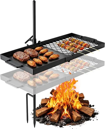 Miniatura 13 de VEVOR Parrilla giratoria para fogata, parrilla para hoyo de fuego con rejilla sobre hoyos de fuego, rejillas de parrilla de acero resistentes