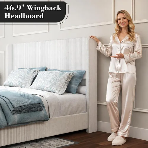 Miniatura 4 de Doltoro Base de cama tapizada tamaño Queen, plataforma de pana suave con cabecera de lujo con alas de 47 pulgadas, soporte de listones de acero