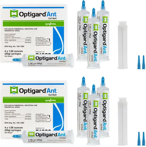 Optigard Ant Gel Bait, 4 tubos x 1.06 oz, 1 émbolo y 2 puntas, cebo eficaz, formulado con 0.01% de tiametoxam, uso en interiores y exteriores, gel