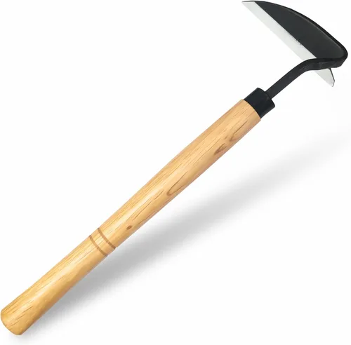 Miniatura 7 de Hoz de hierba japonesa azada de deshierbe herramienta de mano para jardín, acero de alta resistencia con mango de madera maciza (gris)
