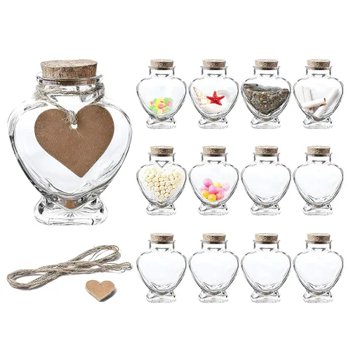 WHOLE HOUSEWARES Juego de 12 frascos de vidrio en forma de corazón con tapas de corcho, mini botellas con cuerda y etiquetas de corazón, pequeños
