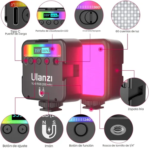 Miniatura 2 de ULANZI VL49 Luces de Video RGB, Luz de Cámara LED 360° Color Completo Iluminación de Fotografía Portátil con 3 Zapatas Frías, 2000mAh Recargable CRI