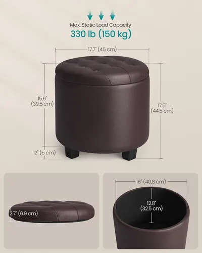 Miniatura 3 de SONGMICS Otomana redonda, otomana con almacenamiento, 17.7 x 17.7 x 17.5 pulgadas, reposapiés con patas, cuero sintético, carga de hasta 330 libras