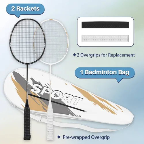 Miniatura 2 de Juego de raquetas de bádminton profesionales, ligeras, 4 unidades de fibra de carbono, 3 volantes de plumas, 2 fundas protectoras, 4 sobreagarres