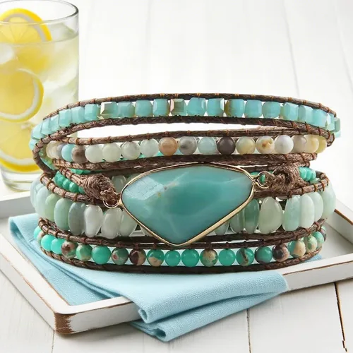 Miniatura 69 de ZOSOJONA - Pulseras bohemias hechas a mano de piedra natural, que dan vuelta, con cuentas de cristal de turquesa