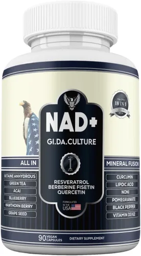 Suplemento NAD+ 18 en 1 con resveratrol berberina quercetina fisetina ácido lipoico curcumina | Vitamina D3 K2 para energía celular | Apoyo