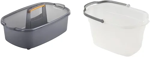 Casabella Organizador de almacenamiento de limpieza multiusos de plástico con asa, 1.85 galones, cubo de limpieza rectangular gris y naranja y