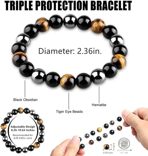 Miniatura 14 de HOZEAL Pulsera de triple protección, brazalete de obsidiana negra con ojo de tigre y hematita para hombres y mujeres, para traer suerte