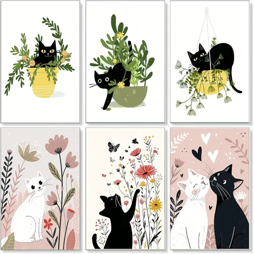 Jethami Paquete de 6 pinturas por números para adultos principiantes, fácil de pintar con gato negro, kit de arte de lienzo para decoración de pared