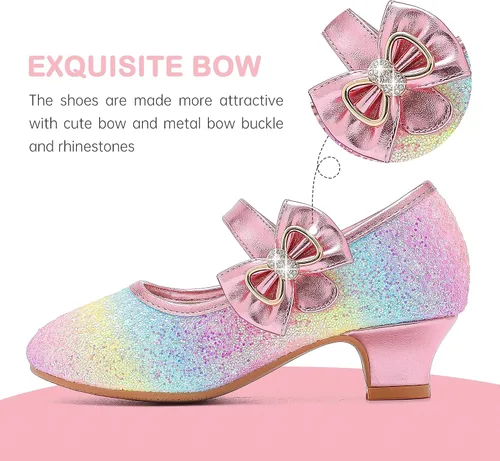 Miniatura 4 de Dufannie Zapatos de vestir para niñas, zapatos de tacón bajo de princesa, zapatos planos con purpurina para bodas y fiestas