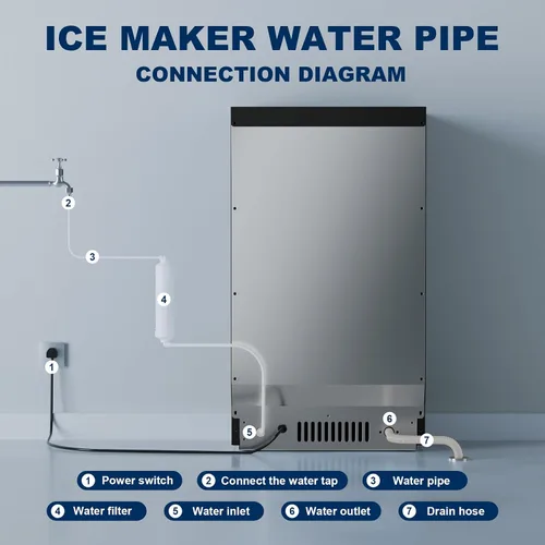 Miniatura 6 de Máquina de hielo comercial de 110 libras/día independiente de acero inoxidable sobre mostrador con cuchara, tubos de filtro de agua