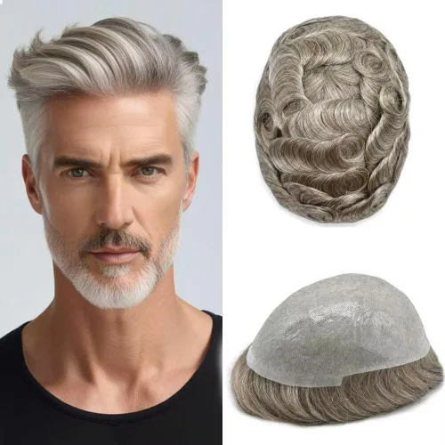Miniatura 107 de FNY HAIR - Tupé para hombres, sistema de cabello humano, piel ultrafina, PU con bucle en V, prótesis de cabello natural para hombres, #1B05 1B# OFF