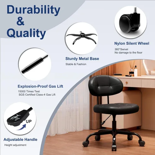 Miniatura 6 de Misolant Silla de tocador con respaldo, pequeña silla de oficina sin brazos con ruedas y soporte lumbar, cómodas sillas de escritorio de piel Negro