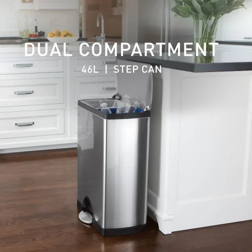 Miniatura 2 de simplehuman - Basurero rectangular para cocina con dos compartimentos para reciclaje, de 46 litros / 12.2 galones, de acero inoxidable cepillado