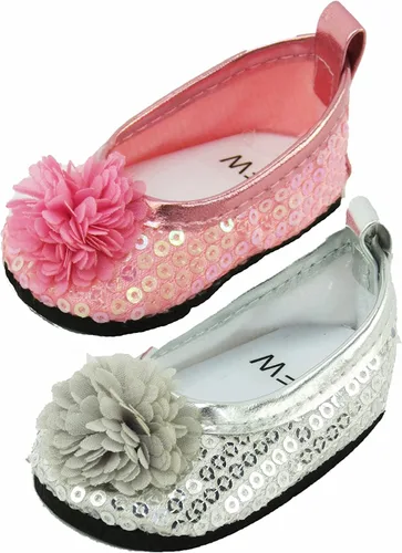 Miniatura 7 de American Fashion World Zapatos planos con lazo de diamante metálico rosa intenso, lavanda y verde azulado para muñecas de 14 pulgadas, paquete de 3
