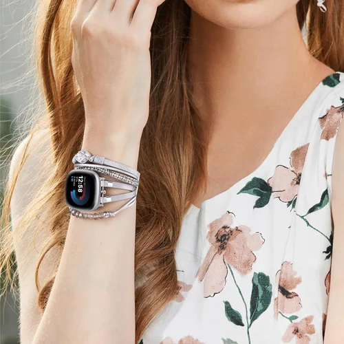 Miniatura 4 de VISOOM Pulsera bohemia con cuentas compatible con Fitbit Versa 4/Versa 3 Bandas/Fitbit Sense2/Sense, correa de reloj de cuero para mujer, hecha a