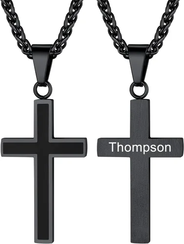 U7 Collar de cruz simple para hombres y mujeres, acero inoxidable, plateado, negro, oro, cruz latina, colgante, grabable, longitud de 22 a 24