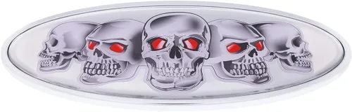 Miniatura 7 de United Pacific 10882 Emblema de metal fundido a presión de 7" x 3 ¼" cromado ovalado con diseño de calavera, perno de montaje con respaldo de doble