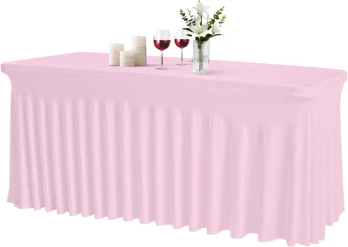 Miniatura 13 de JCJ Faldón de mesa para mesas rectangulares, manteles negros ajustados de spandex para mesas de 4 pies, faldones de mesa elásticos con volantes