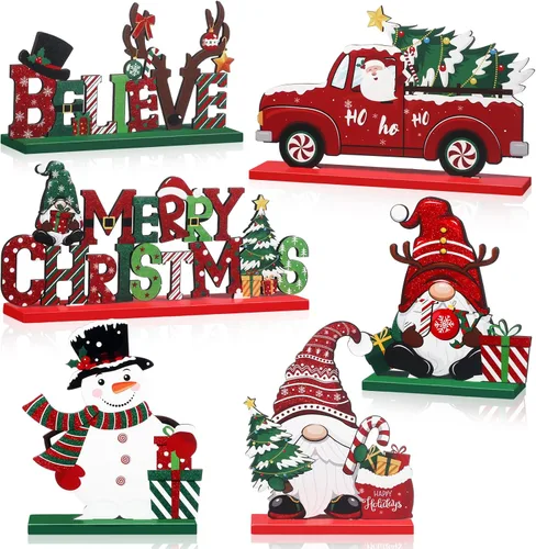 Miniatura 8 de Capoda 6 piezas de decoración de mesa de Navidad, centros de mesa de Navidad de madera, muñeco de nieve, Papá Noel, gnomo, letreros de Feliz