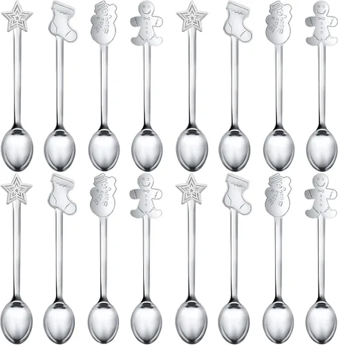 Miniatura 8 de 16 cucharas de Navidad para café, cuchara creativa de acero inoxidable para agitar, a granel para postre de sopa, 4 estilos (dorado)