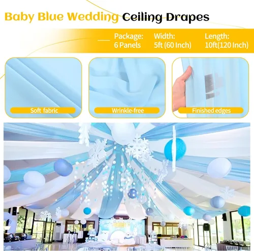Miniatura 4 de 6 paneles de cortinas de techo azul bebé para boda, cortinas de techo de 5 pies x 10 pies, tela de drapeado para arco de boda, cortinas