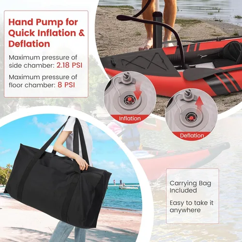 Miniatura 5 de GYMAX Kayak inflable, kayak tándem de 12.5 pies y 507 libras con 2 remos de aluminio, 2 asientos acolchados, reposapiés, 2 aletas, bomba de mano