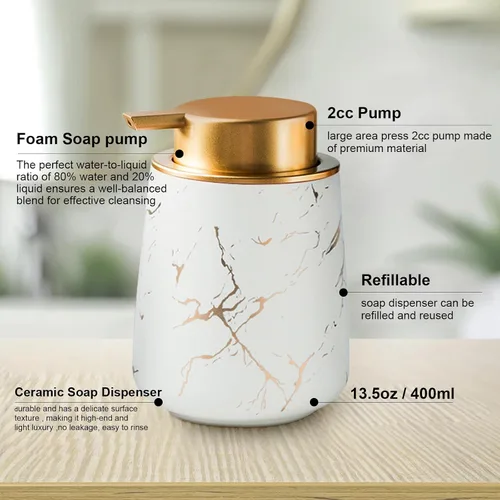 Miniatura 4 de YYW Dispensador de jabón de manos espumoso de mármol, cerámica de 13.5 onzas, dispensador de cabezal de bomba grande lindo para cocina y baño Blanco