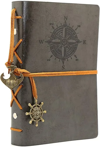 Diario con tapas de cuero estilo retro, en blanco, con cuerda náutica, gris 7 pulgadas
