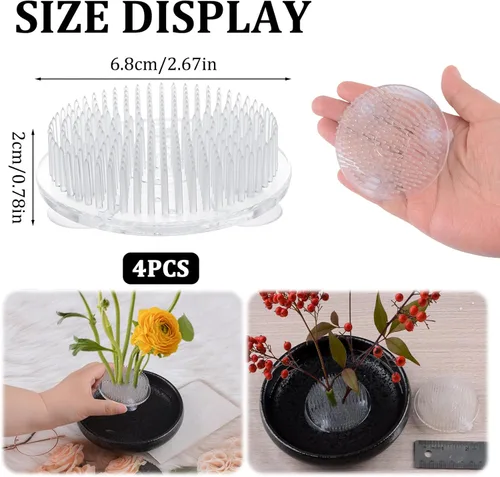 Miniatura 2 de WANDIC Flower Frog, 4 Pcs Round Clear Plastic Ikebana Kenzan Frogs Japanese Flower Arranging Holder with 3 Suckers for DIY Flower Art Craft 4 piezas